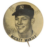 "MICKEY MANTLE" PORTRAIT ON BASEBALL DESIGN 1950s BUTTON.
