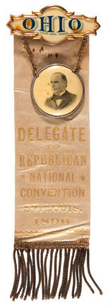 RIBBON BADGE FOR “OHIO DELEGATE TO REPUBLICAN NATIONAL CONVENTION ST. LOUIS, 1896.”