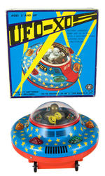 "UFO-XO 5" BATTERY OPERATED FLYING SAUCER WITH BOX.