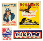 FOUR GRAPHIC POSTER-LIKE SMALL STICKERS RELATED TO WORLD WAR II.