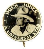"BUCK JONES" STRIKING BLACK AND WHITE REAL PHOTO BUTTON FROM HAKE COLLECTION & CPB.