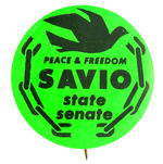 CAMPAIGN BUTTON FOR MARIO SAVIO, FOUNDING FATHER OF 1960s PROTEST MOVEMENTS.
