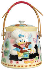 JAPANESE CERAMIC COOKIE JAR FEATURING DONALD DUCK WITH CHIP AND DALE.