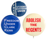 THREE HISTORIC BUTTONS RELATED TO BERKELEY FREE SPEECH MOVEMENT AND 1960s WAR PROTEST.