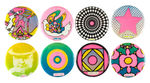 "PETER MAX" EIGHT CELLULOID DESIGNS WITH REVERSES TO SERVE AS BELT SEGMENTS.