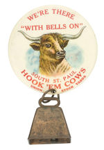 LONGHORN STEER CLASSIC STOCK YARD PROMOTIONAL BUTTON WITH BELL.