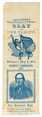 “CLAY AND THE TARIFF/BALTIMORE NATIONAL CONVENTION” RATIFICATION RIBBON.