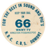 EARLY TV BUTTON NAMING NETWORKS NBC, CBS, AND DUMONT.