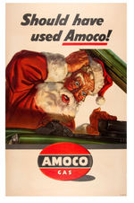 SANTA CLAUS W/ENGINE TROUBLE "AMOCO GAS" SERVICE STATION POSTER.