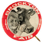 “BROCKTON FAIR” CHARMING BUTTON SHOWING YOUNG GIRL AND COW.