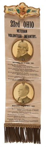 “23rd OHIO VETERAN VOLUNTEER INFANTRY” LARGE 1897 RIBBON BADGE WITH HAYES & McKINLEY PORTRAITS.