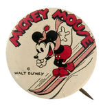 "MICKEY MOUSE" ON SKIS LITHO BUTTON COMPLETE WITH RARE BACK PAPER.