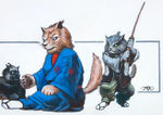 SAMURAI CAT "TOMOKATO AND HIS NEPHEWS" ORIGINAL PAINTING BY MARK ROGERS.