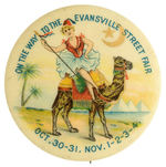 EGYPTIAN-THEMED BUTTON FROM 1898 SHOWS LADY GOING TO INDIANA FAIR.