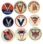 “V” FOR VICTORY NINE BUTTONS FROM NATIONAL BUSINESSES OR ORGANIZATIONS.