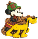 MICKEY MOUSE AND PLUTO WOOD COMPOSITION PIN CIRCA 1939 FROM THE HAKE COLLECTION.