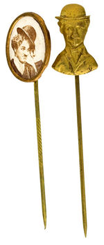 CHARLIE CHAPLIN REAL PHOTO AND EMBOSSED BRASS PAIR OF STICKPINS.