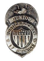 "JUNIOR JUSTICE SOCIETY OF AMERICA" 1942 BADGE WITH RARE VARIETY PIN ON REVERSE.