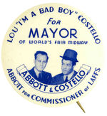 ABBOTT & COSTELLO 1939 WORLD’S FAIR MIDWAY BUTTON FROM THE HAKE COLLECTION.