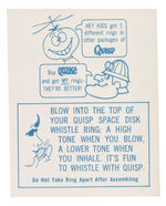 QUISP SPACE DISK WHISTLE RING WITH INSTRUCTIONS FROM 1966.