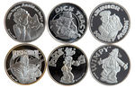 SIX COMIC CHARACTER MEDALS MADE OF “ONE TROY OZ. 999 FINE SILVER.”