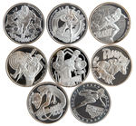 EIGHT SUPERHERO CHARACTER MEDALS MADE OF “ONE TROY OZ. 999 FINE SILVER.”