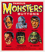 "FAMOUS MONSTERS BUTTONS" SET WITH VENDING MACHINE DISPLAY CARD.