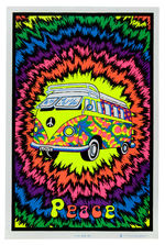 FLOCKED BLACK LIGHT CLASSIC VW VAN POSTER CIRCA 1970 WITH “PEACE” AND “LOVE” TEXT.