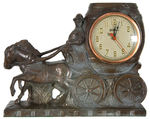 BEER BARREL CLOCK WITH HORSE-DRAWN WAGON AND DRIVER.