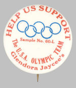 GLENDORA JAYCEE'S U.S.A. OLYMPIC TEAM SUPPORT BUTTON.