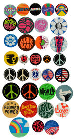 COLLECTION DEMONSTRATES POP AND PSYCHEDELIC ART INFLUENCES ON CAMPAIGN AND CAUSE BUTTONS 1968-76.