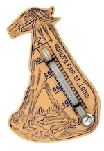 “TEDDY BEAR” AND “WORLD’S FAIR ST. LOUIS” DONKEY PAIR OF CELLULOID THERMOMETER PINS.