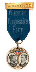 “ROOSEVELT/JOHNSON” JUGATE CELLULOID SUSPENDED FROM “WISCONSIN PROGRESSIVE PARTY” RIBBON BADGE.