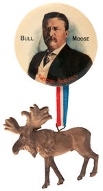 “THEODORE ROOSEVELT/BULL MOOSE” LARGE COLOR BUTTON WITH SUSPENDED FIGURAL MOOSE.