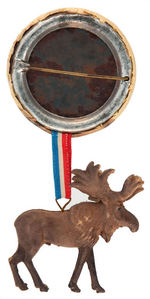 “THEODORE ROOSEVELT/BULL MOOSE” LARGE COLOR BUTTON WITH SUSPENDED FIGURAL MOOSE.