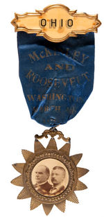 OUTSTANDING McKINLEY/ROOSEVELT JUGATE ON HEAVY BRASS SUSPENSION FOR THEIR INAUGURATION.