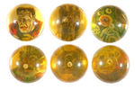 SIX SUPER BALLS WITH MONSTER IMAGES IN ORIGINAL CONTAINER.