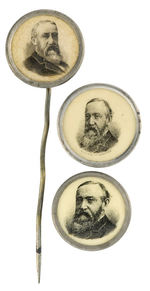 EARLY USE OF CELLULOID ON BENJAMIN HARRISON STICKPIN AND LAPEL STUDS.