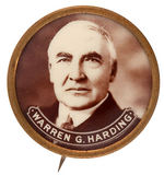 “WARREN G. HARDING” CRISP SEPIA REAL PHOTO BUTTON WITH BRASS RIM.