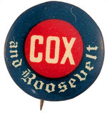 “COX AND ROOSEVELT” 1920 NAME BUTTON.