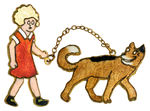 ORPHAN ANNIE AND SANDY ENAMEL ON BRASS DOUBLE PIN SET FROM THE HAKE COLLECTION.