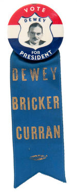 “VOTE DEWEY FOR PRESIDENT” BUTTON WITH COATTAIL RIBBON.