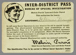 "MELVIN PURVIS INTER-DISTRICT PASS" LIEUTENANT RANK MEMBERSHIP CARD.
