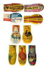 NINE LITHO TIN CLICKERS FOR SHOES AND HOSIERY.
