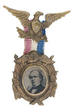 SEYMOUR 1868 FERROTYPE IN ELABORATE BRASS SHELL FRAME RARELY SEEN VARIETY WITH EAGLE STICKPIN.