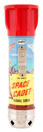 "TOM CORBETT SPACE CADET PIN-ON ROCKET-LITE" DISPLAY & "SIGNAL SIREN" BOXED FLASHLIGHT.