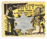 "THE DEPUTY" STARRING HENRY FONDA AS MARSHAL SIMON FRY" CARDED BADGE AND PROMO POSTCARD.