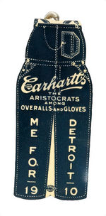 "CARHARTT'S THE ARISTOCRATS AMONG OVERALLS AND GLOVES" RAILROAD CONVENTION CELLO BADGE.