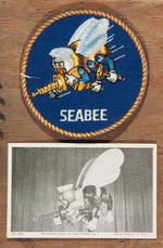 "SEABEES" WOODEN PLAQUE WITH ATTACHED PATCH & POSTCARD.