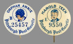 "ORPHAN ANNIE" AND "HAROLD TEEN" PITTSBURGH POST-GAZETTE LUCKY NUMBER BUTTONS.